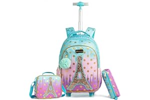 Wenlia Tornister szkolny dla dzieci, 3 w 1, modny plecak na kółkach, wieża Eiffla, torba szkolna na kółkach z torbą na lunch i piórnikiem, torba na kółkach dla dziewcząt, nastolatków, powrót do