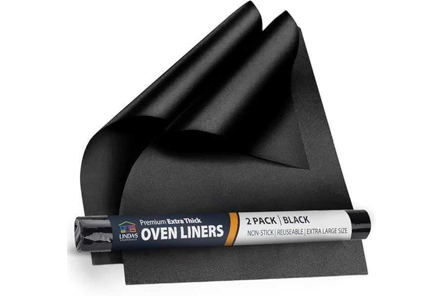 Linda's Essentials Oven Liners for Bottom of Oven (2 Pack) - Universal Non-Stick Liner for Fan Assisted Cooking, 32 x 50 cm Kitchen Essentials, Protector Sheets, Save Time & Clean Easily (Black)