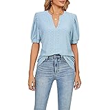 Loalirando Camicia Donna Estiva con Manica Corta Blusa Elegante Manica a Sbuffo Camicia in Pizzo Scollo a V Tinta Unita Camic