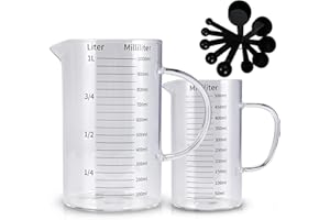 Herboom 2er Set Glas Messbecher mit Ausguss 1L & 500ml und 10 Messlöffel Gourmet Glas Messbecher Skalierung für Milliliter Liter, Hitzebeständig und mikrowellengeeignet, Ideal zum Backen, Kochen