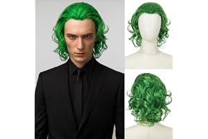 Becus peruk män gröna peruker kort vågigt hår peruk, kort grön clown peruk halloween cosplay party syntetisk peruk