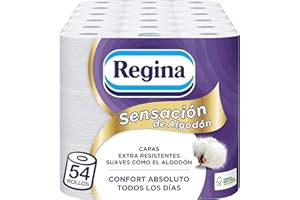 Regina Sensación de Algodón Papel Higiénico | 54 rollos | Capas extra resistentes, suaves como el algodón | Papel 100% certificado FSC®