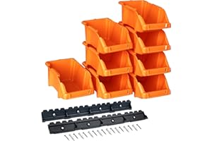 YPC Stapelboxen Set - Orange 8 Stück - Sichtlagerboxen 16x9x7cm mit Wandhalterung für Werkstatt & Garage zur Aufbewahrung von Schrauben & Werkzeug
