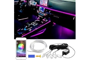 PANTHEM Taśma LED do wnętrza samochodu ze światłowodem 6 m, 5 w 1, 16 milionów kolorów, RGB, aktywny dźwięk, zestaw oświetlenia otoczenia, bezprzewodowe sterowanie aplikacją przez Bluetooth