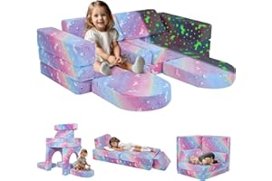 MeMoreCool 10-Piece Kids Couch Sofa, Modular Toddler Couch Glow Sofa Bed for Playroom Bedroom, Fold Out Play Couch for Girl Boy, Kids Convertible Sofa Sectional Foam Playset, Rainbow