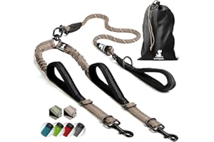 SPARKLYPETS Laisse élastique Robuste pour Chiens de Grande et Moyenne Taille avec Anti-Traction pour Absorption des Chocs - Laisse réfléchissante antidérapante pour l'extérieur (Marron, pour 2 Chiens)