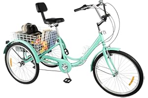 CHERIPOLI 24 Inch 3 Wheels Bicycle Bike 7 Speed Adult Bicycle Adult Tricycle Tricycle for Adults with LED Light and Vegetable Basket