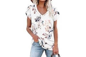PLOKNRD Women's Casual V-Neck T-Shirt, Long Length, Petal Short Sleeve, Summer Classic Loose Tee, Pink, UK Size