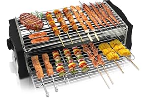 HENGBO Barbecue Electrique de Table| BBQ Electrique Sans Fumée avec Espace Barbecue à Deux étages| Thermostat Réglable, Bac Collecteur| Noir| 2200 W