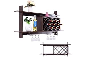 KOMFOTTEU Botellero de Pared para 10 Botellas, Estante para Vinos Colgante con 2 Soportes para Vasos, Soporte para Botellas Montado en Pared, Estantería de Madera, Cocina, Bodega, 120 x 58 x 20 cm