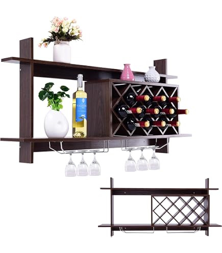 Porta Vino Da Parete Pekiedo In Legno Naturale – 5 Bottiglie + 5 Calici, Incisione Wine Time, Design Moderno Made In Italy, Facile Da Montare