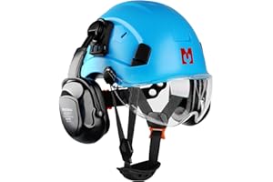 Mustbau Kask ochronny, EN397, z nausznikami i wizjerem, regulowany obwód głowy od 53 do 63 cm, wytrzymały materiał ABS, dla mężczyzn i kobiet