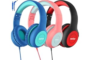 EarFun Kids Headphones 3 Packs, Wired Headphones for kids 85/94dB Volume Limit, Sharing Function, Stereo Sound Adjustable Headband Children Headphones for School/Travel/Phone/Tablet, Blue Green