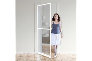 ISOISL Insektenschutz Fliegengitter Tür mit Alurahmen 95x210cm Belüftung Fliegengittertür in weiß als Selbstbausatz mit Bürstendichtung,Insektenschutztür für Balkon Terrasse