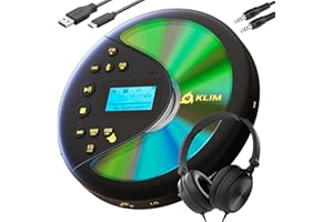 KLIM Discover con le Cuffie - Lettore CD HiFi portatile - Radio FM - Compatibile con MP3 CD Audiolibri - Lettore CD per auto - Supporta Bluetooth per Auto, scheda SD, Trasmettitore FM - Nero/Oro