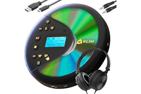 KLIM Discover Lecteur CD Portable avec Casque et Batterie Intégrée- Baladeur Lecteur CD pour Voiture, Compatible avec CD-R, CD-RW et MP3 - Noir/Or