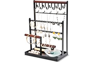 Lolalet Porte Bijoux Présentoir à Bijoux en Metal et Bois Durable avec Plateau et Crochets, Porte Collier Boucles d’Oreille, Organisateur de Bijoux -Noir
