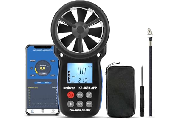Kethvoz Bluetooth Anémomètre, Professionnel Mesureur de Vitesse du Vent avec Enregistreur de Données Mesure Débit d'Air Vitesse 0.3~30m/s, KE-866BAPP Windmesser avec étui d'anémomètre inclus