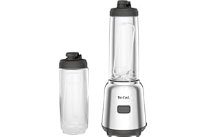 ‎TEFAL Tefal Mix & Move Mini Blender Kielichowy BL15FD, moc 300 W, 2 butelki To-Go, kompaktowa konstrukcja, łatwy do czyszczenia, zdejmowane ostrza, obsługa jednym przyciskiem, srebrny/czarny
