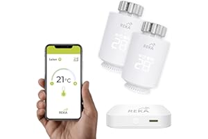 Tête Thermostatique Intelligente Connectée REKA - Contrôle Température Via Appli Tuya, Programmation, Détection Fenêtres Ouvertes - Compatible Assistants Vocaux (2, avec Passerelle)