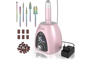 Kredioo Torno para Uñas Profesional 35000 RPM, Lima Electrica, Pulidor, Limador, Manicura y Pedicura Electrico, Fresa Portátil, Kit 6 Fresas, LED Tátil, Quitar Acrílico Gel/ Esmalte/ Callos, Rosa