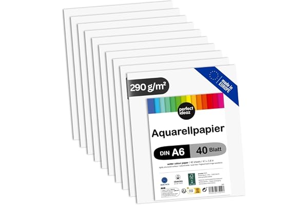 perfect ideaz 40 ark FSC akvarellpapper A6 290 g, målnings- och ritblock i vitt, kartong för vattenfärg, watercolor paper för