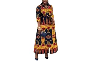 RICOCHO Ankara Ethnic Long Shirt Dress Women's Long Sleeve African Button Dress Ethnic Dashiki Maxi Dress