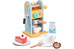 ICEKO KN ICEKO Wooden Coffee Machine Toy , 11-pcs Toy Kitchen Accessories Set, Kids Play Kitchen Playset with Moving Parts and Realistic Sounds, Ideal for Cafe Shop Role-Play