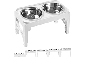 Hubulk Elevated Dog Bowls with 2 Stainless Steel Food & Water Raised Bowls with No Spill Edge Non-Slip Stand Adjusts to 5 Height(3.2", 8.77", 9.9",11.1", 12.3")for Small Medium Large Dog and Pet White