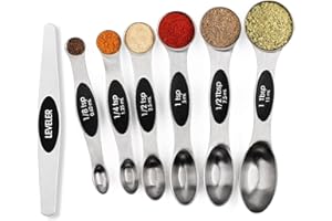 BIDFUL Measuring Spoons Sets of 7, Magnetic Measuring Spoons, Tablespoon Measure for Liquid & Dry Ingredients, Dual Sided Teaspoon Measure with Scale and Leveler, Fits Most Spice Jars for Cooking