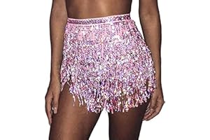 SINLOV Belly Dance Skirts Dancing Hip Tassel Scarf Belt Sequin Wrap Skirt Rave Costume for Women Girls (Light Blue)