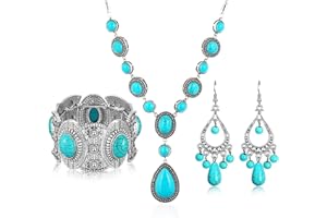 TOEECY Set Gioielli Turchese Geometrico Collana Bracciale Orecchini Combinazione Elegante Stile Vintage Argento Antico Decorazione Femminile