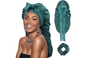 DRESHOW Gorro Saten Pelo Rizado Ajustable para Mujere Bonnet Seda para Dormir Gorro Seda Largo para Sueño con Banda Elástica para Mujeres