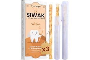 MODOGO 3 Bâtons de Siwak + 3 Étuis de Protection - سواك Miswak Brosse à Dents Ecologique - 100% Naturel et Biodégradable - Hygiène Zéro-Déchets - Vegan