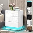 ELFORDSON LED Bedside Table with 3 Drawers, 4-side High Gloss, 16 RGB LED Colours, Bedside Cabinet with Plug, Remote Control, Side Table Nightstand for Bedroom Living Room Home Furniture, White