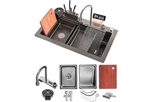 KOOGIMDDR 80x45cm Lavello In Acciao Inox Da Appoggio Nanorivestito Lavello da cascata nero con portacoltelli lavello da cucina multifunzione con Rubinetto Estraibile Copertura decorativa rettangolare