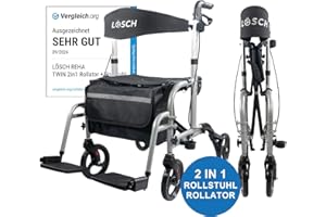LÖSCH REHA TWIN 2-in-1 Rollator and Wheelchair, Lightweight & Foldable Rollator with Wheelchair Function for Indoor and Outdoor Use, with Bag, Stick Holder & Footrests, Easy to Convert, Silver