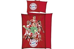 ‎FC BAYERN MÜNCHEN FC Bayern München Bettwäsche Player Rot 135x200 cm + 80x80 cm 100% Baumwolle Renforcé/Linon Rekordmeister Mia san Mia Allianz Arena Fußball Fanartikel Reißverschluss Geschenkidee Kane Musiala Olise