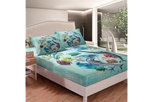 LOUSSIESD Dolphin Bedding Set Ocean Whale Fish Bed Sheet Set for Boys Girls Marine Creature Fitted Sheet Single Size Bed Cover 2Pcs