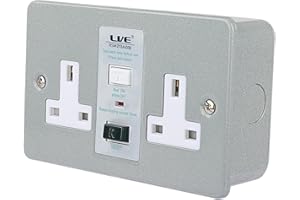 W LAIWO L LVE Metal Clad Electric Outlet,13A 2Gang RCD Protected Socket,30mA Trip Current,146mm*86mm Grey