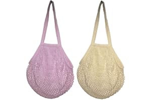 Rmeet Siatka na zakupy, 2 sztuki, wielokrotnego użytku, torba na zakupy, duża torba z siatki z długim uchwytem do noszenia, bawełniana torba siatkowa na owoce, warzywa, fioletowe i białe, biały +