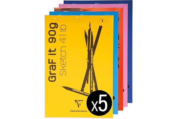 Clairefontaine 96623C - Bloc Agrafé GraF'it - 80 Feuilles Papier Dessin Croquis Uni - Feuilles Détachables - A4 21x29,7 cm 90g - Couleur Couverture Aléatoire - Paquet de 5 Blocs