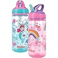 Nuby 2 Pack Iridescent PP Flip-it Kids On-The-Go Printed Water Bottle with Bite Proof Hard Straw - 18oz / 540 ml, 18+ Months, 2 pk, Mermaid & Rainbow Print