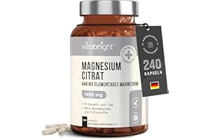 ‎VITABRIGHT Magnesiumcitrat Kapseln 1480mg | 240 Kapseln | Magnesium Citrat Pur Hochdosiert Magnesiumcitrat Pulver 444mg Elementares Magnesium Citrate Pulver | Hohe Bioverfügbarkeit Komplex | Vegan | VitaBright