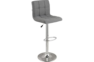 Baroni Home 1 x Padded Bar Stool or Kitchen Stool Adjustable 360° Swivel with Backrest and Footrest Chrome Steel Frame Grey Fabric