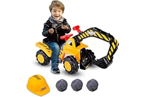 Maxmass Kids Ride On Digger, Toddler Construction Excavator with Steering Wheel, Control Panel, Digging Handle, 3 Toy Stones and Safety Helmet, Pretend Play Ride On Tractor for 3+ Years Old
