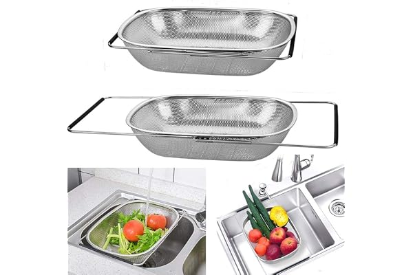D L D Passoire ovale en acier inoxydable de qualité supérieure avec panier à mailles fines et poignées extensibles en caoutchouc pour égoutter, égoutter, rincer les fruits, les légumes