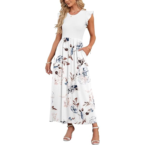 AUSELILY Zomerjurken voor Vrouwen Mouwloze Maxi Jurken Dames Strandoverall Zonjurken Soepel Vallende Lange Jurk met Zakken Beja Blauw M