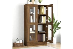 Homgoday Vitrina de Cristal con 4 Compartimentos 2 Puertas, Vitrina Salón, Mueble de Salón, Aparador Comedor, Aparador Cocina Vitrina de Madera ingeniería Marrón Roble 82,5x30,5x150 cm