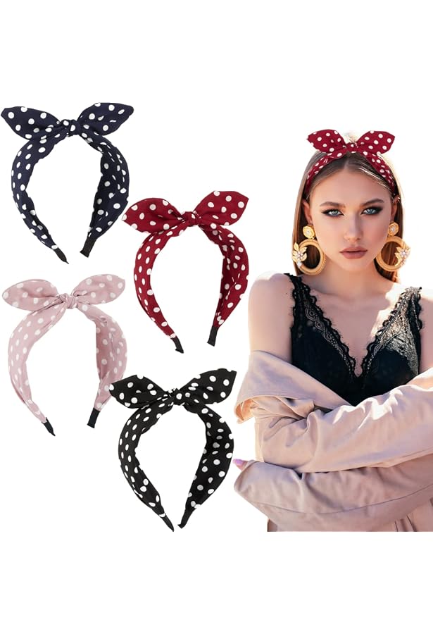 Bandeaux Cheveux NAROSEBE - 5 Serre-Têtes à Nœud à Pois - Femme Fille - Élastique Confy - Style Vintage